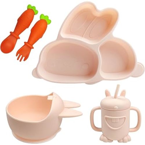 Cute Rabbit Silicone Baby Feeding Set, Baby Led Weaning Supplies, Rabbit Shapes Toddler Suction Plate and Bowl with Spoon Fork Sippy Cup, Self Feeding Silicone Tableware