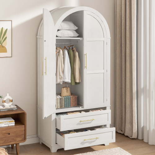 VEANERWOOD Arched Armoire Wardrobe Closet with 2 Drawers, Wooden Clothing Storage Cabinet with Hanging Rod & Metal Handle for Bedroom