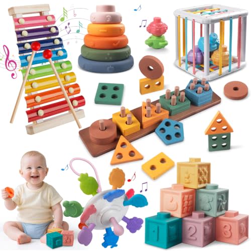 6-in-1 Montessori Baby Toy Set with Wooden Shape Sorter Xylophone Teether | 5 Stacking Rings, 6 Building Blocks, 20 Shape Blocks, Sensory Cube, Stacking, Sorting, Matching, Fine Motor Play, Baby Gift