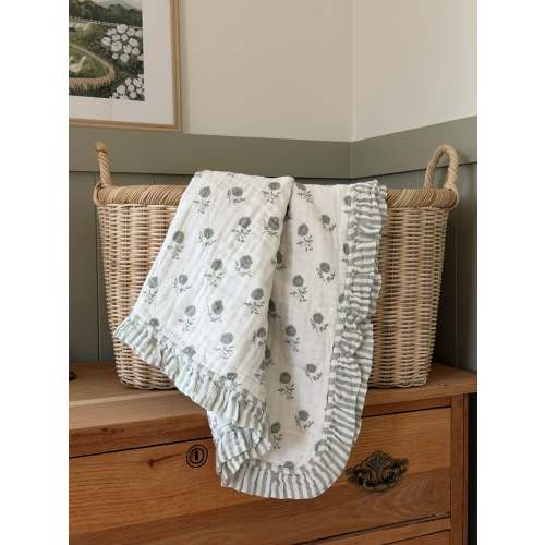 Ellie + Layne | Elle Green Floral Ruffle Quilt 6 Layer Gauze Blanket