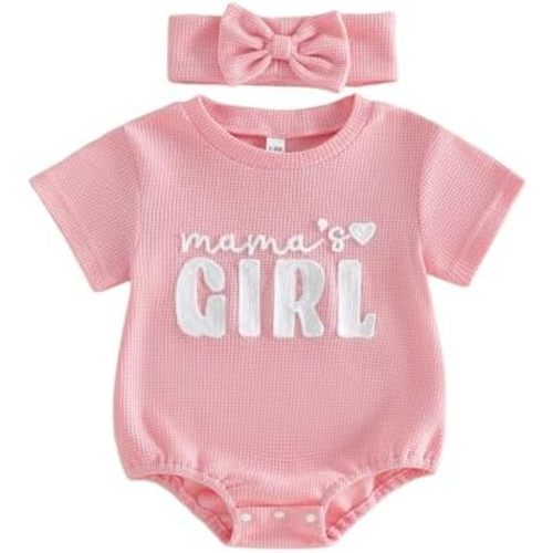 Baby Girl Clothes Mamas Girl Outfit Cute Letter Embroidered Waffle Bubble Romper Onesie Tee Shirt