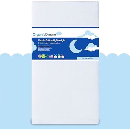 ORGANICDREAM Crib Mattress + Toddler Bed - 100% Breathable Proven to Reduce Suffocation Risk, Hypoallergenic, GREENGUARD Certified - Lightweight 2-Stage Removable Cover - Deluxe 6" Thick - White