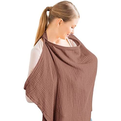 Konssy Muslin Nursing Cover for Baby Breastfeeding, Breathable 100% Cotton Breastfeeding Cover with Rigid Hoop for Mother Nursing Apron, Multi-use Carseat Canopy (Chestnut)