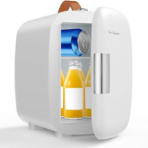 DUMOS Mini Fridge for Bedroom, 4L Compact Personal Fridge Cooler For Skincare, Drinks, And Snacks, Fits 6 Cans, Mini Refrigerator with 110V Ac/12V Dc, Ideal For Car, Dorm, White