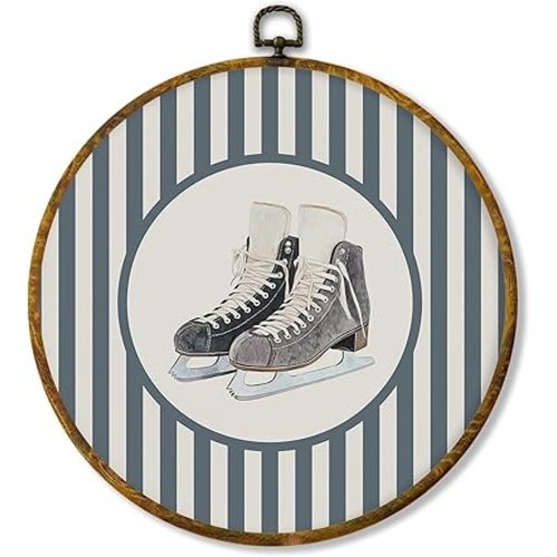 Hiuwevt Vintage Hockey Round Wall Art Decor, Sports Nursery Framed Canvas Prints, Blue Striped Hockey Skates Round Wall Hanging Decor for Kids Boys Room Bedroom Playroom Decorations, 10x10 Inches
