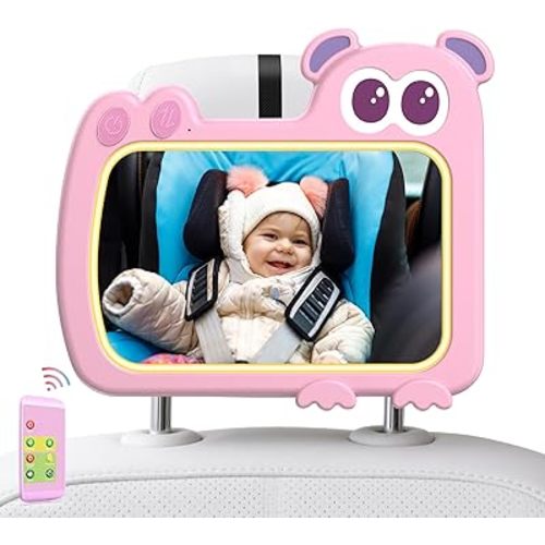 2-in-1 Baby Car Mirror with Lights & Soft Sounds, Cry Detector, Clear Night View, 360° Rotation, Shatterproof, Rear Facing Baby Car Seat Mirror with Remote Control, Perfect Baby Shower Gifts (Pink)