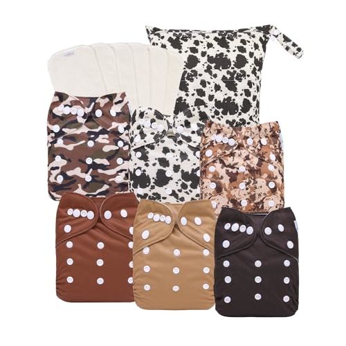 babygoal Reusable Cloth Diapers 6 Pack with 6pcs Rayon from Bamboo Inserts and Wet Bag, Baby Washable Pocket Nappy,6FN56-MB-B