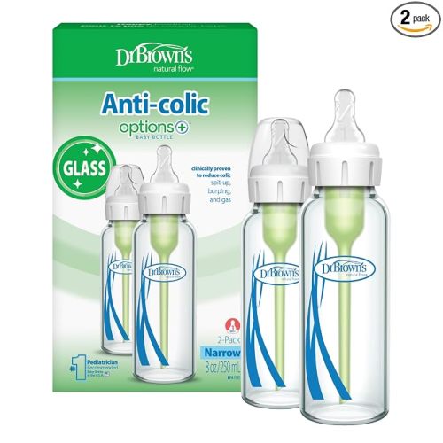 Dr. Brown's Anti-Colic Options+ Narrow Glass Baby Bottle with Level 1 Slow Flow Nipple, BPA-Free, 8 oz/250 mL, 0m+, 2-Pack (Packaging May Vary)