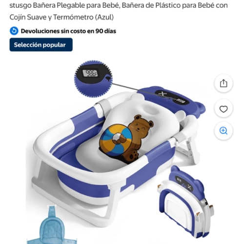 stusgo Collapsible Baby Bathtub, Folding Baby Tub with Cushion and Thermometer, Blue