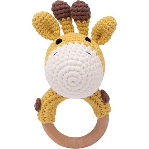 Handcrafted Animal Rattle – Soft Crocheted Toys with Wooden Teether, BPA-Free Animal Rattles in Cotton & Safe Natural Materials (Giraffe)