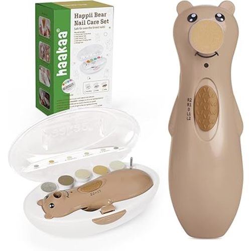 haakaa Baby Nail File Electric, Rechargeable Baby Nail Trimmer with LED Light, Baby Nail Clippers for Newborn/Children's Fingernails and Toenails, 6 Replacement Heads & Storage Case, Toffee