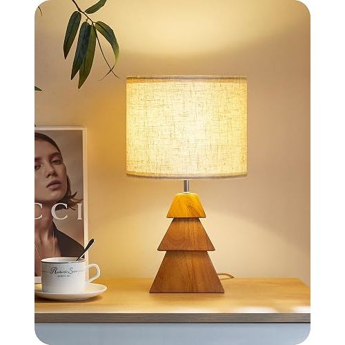 Wood Table Lamp, Wood Bedside Lamp with Tree-Shaped Base & Linen Lampshade, Modern Cute Desk Lamp for Living Room, Bedroom, E26 Base, Bulb Not Included, Beige and Dark Natural LE08TL05
