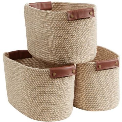 Ornavo Home 3 Pack Cotton Rope Shelf Storage Basket with Faux Leather Handles - Multi Brown