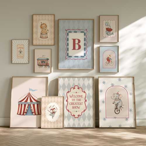 Vintage Circus Nursery Wall Art Set of 13 - Personalized Initial Decor - Storybook Animal Prints - Instant Download