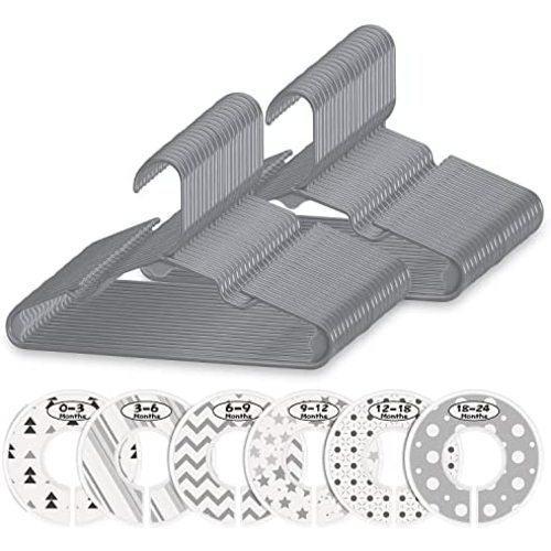 Minnebaby Plastic Baby Hangers 60 Pack, Ultra Thin No Slip Infant Nursery Clothes Hangers with 6 Pcs Cute Clothing Dividers for Boys & Girls Closet Organizer, Gray Kids Hangers