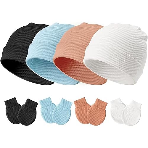 BQUBO Baby Newborn Hats with Scratch Mittens for Unisex Preemie Newborn Hats Hospital Hat for Boys Girls 0-6 Months