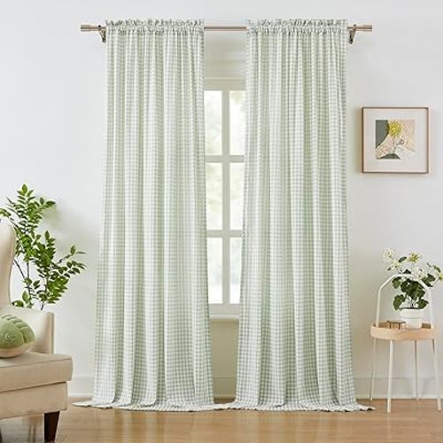 ZJDECOR Sage Green White Buffalo Plaid Curtains 84 Inches Long,Crinkled Not-See-Through Sheer Rod Pocket Drapes,Rustic Window Treatment for Nursery Living Room,Tiebacks Included,52" Wx84 L(Pack of 2)