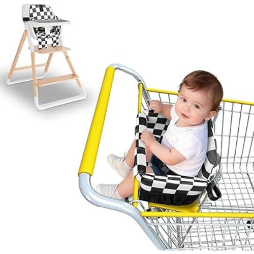 Portable Baby Shopping Cart Seat, High Chair Cover for Outdoor, One-Hand Installation Cart Seat Cover, Comfortable and Supportive Foam-Padded, Grocery Cart Baby Seat – Black-and-White Checkered