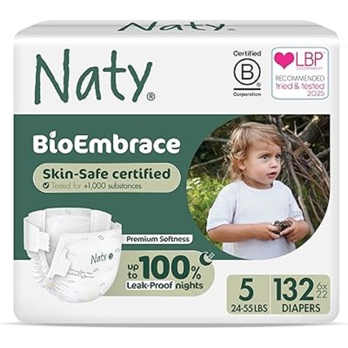 Naty BioEmbrace Baby Newborn Diapers | Sensitive Skin Safe Certified | Leak Protection up to 100% | Plant-Based Teddy Softness, Premium Comfort | Chlorine-Free | Size 1 (4–11 lbs), 100 Count