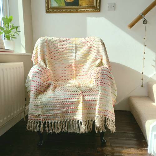 Soft throw blanket 4x6ft handwoven with rainbow colour threads / Handloomed throw made from 100% cotton