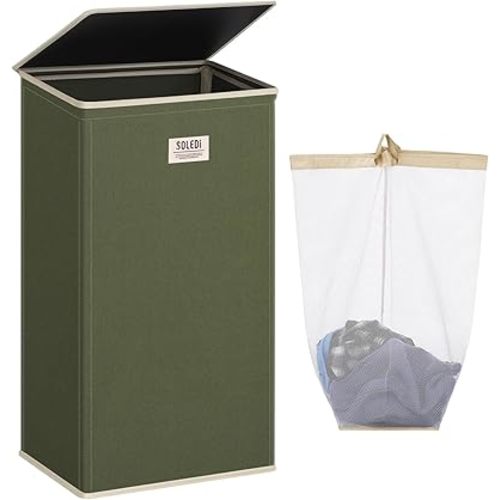 SOLEDI Laundry Hamper with Lid 100L Large & Tall Collapsible Laundry Basket, Clothes Hamper with Bag Removable Easy to Carry, Dirty Hampers for Bedroom, Bathroom, Dorm, College, Avocado