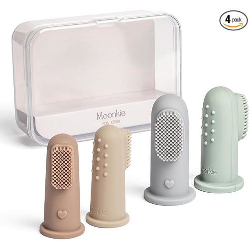 Moonkie Baby Toothbrush Finger Toothbrush Oral Cleaner Kit for 3 Months +, 4 Pcs Small (Sand/Warm Taupe)/Large (Blue/Mint)