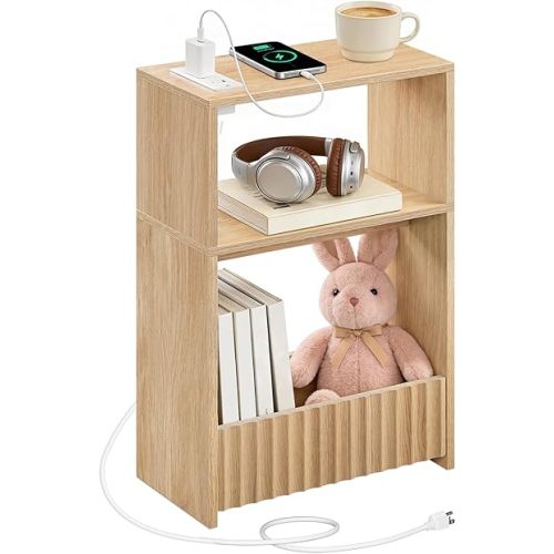 MAHANCRIS Narrow Side Table with Charging Station, 3-Tier Small End Table with Storage Shelf, Skinny Nightstand Space Saving for Magazine, Slim Bedside Table for Living Room, Natural ETNA751E01
