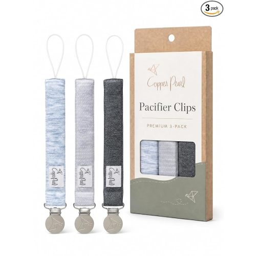 Copper Pearl 3-Pack Pacifier Holders: Premium Knit Binky Clips for Baby Girls and Boys - Stylish Stainless Steel Design for Secure No-Drop Attachment - Lennon