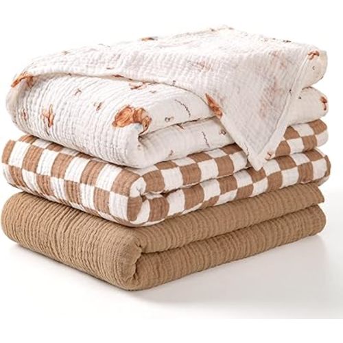 lulumoon Muslin Swaddle Blankets for Baby: Lightweight & Breathable Receiving Blankets for Hospital - Neutral Registry Gift for Newborn 3pack (Brown Bunny)
