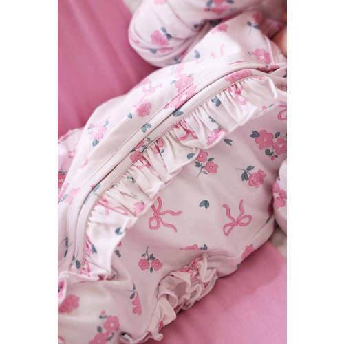 Ribbon & Roses Ruffle Zipper Footie | Pink