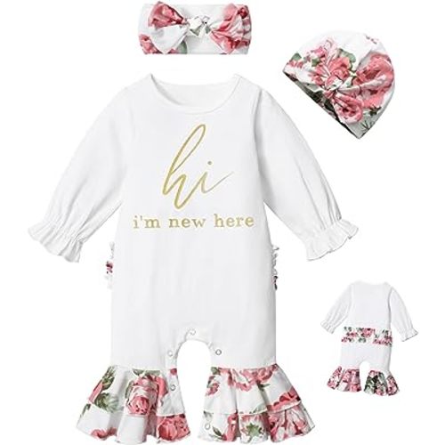 AGAPENG Newborn Girl Clothes Ruffle Letter Print Romper Infant Bell Bottom Jumpsuit Boho Baby Girl Clothes with Headband Hat