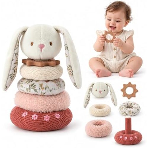LET'S MAKE Bunny Baby Stacking Rings with Silicone Teether, 6-Piece Ring Stacker Toy with Cotton Base, Pink Floral Sensory Toy, Ages 0+ Months, Fine Motor Practice,Grasping Activity