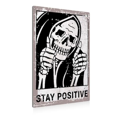 BEASTZHENG Vintage Stay Positive Skull Sign Metal Tin Sign Wall Dcor Funny Retro Sign for Home Living Room Bedroom Halloween Decor Gifts - 8x12 Inch
