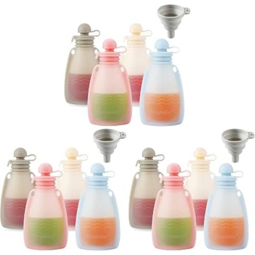 PandaEar Reusable Silicone Baby Food Pouches, 12 Pack Squeeze Pouches for Toddler Kids, BPA-Free Silicone Refillable Baby Food Storage, 5 oz