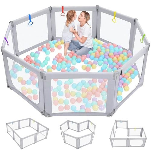 Dripex Foldable Baby Playpen, Extra Large 71"x69" Collapsible Play Pen for Babies - Indoor Outdoor Play Yard with Adjustable Shapes, Baby Fence Play Area with Visible Mesh, Grey