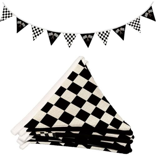 Lacama Car Room Decor,Boys Room Wall Art Decor for Toddler Nursery Playroom, Black and White Checkered Garland Triangle Banners,Racing Flags Bunting Flags Fabric for Baby Shower Birthday Party，Kidroom
