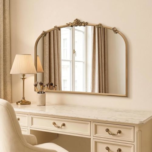 Besdomus Vintage Gold Mirror for Vanity: 32"x24" Traditional Arched Mirror | French Baroque Antique for Wall/Mantel/Bedroom/Entryway/Bathroom/Hallway - Ideal for Fashion- Conscious