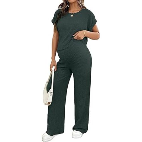 BLENCOT Maternity Clothes Ribbed Short Sleeve Maternity Pajamas Sets Sleepwear Lounge 2 Piece Matching Outfits Set