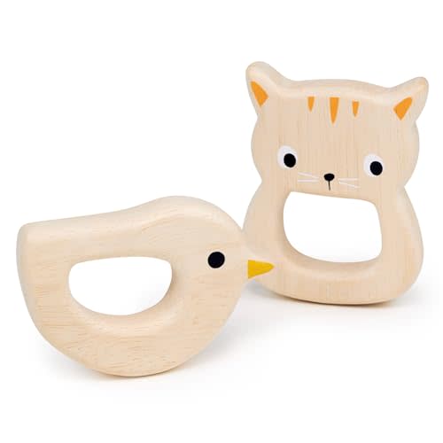 mentari Bird and Kitten Teether, Natural Wood, Handheld Baby Teething Toy, Safe and Soothing