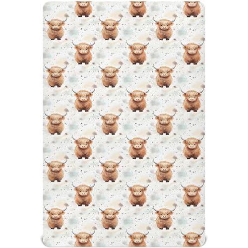 Cute Highland Cow Pattern Fitted Crib Sheet for Girls and Boys,Soft Breathable Microfiber Baby Sheet for Standard Size Crib Mattress A113321