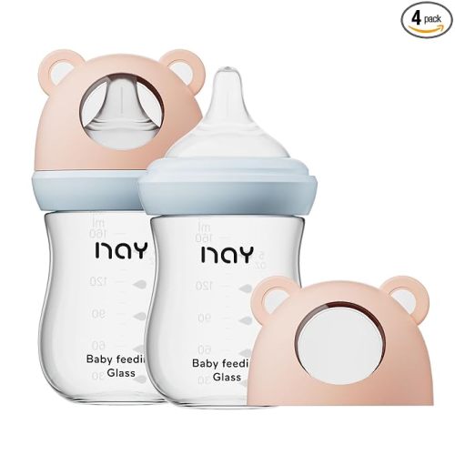 yanyoyo Natural Glass Baby Bottle for Breastfeeding Babies, 5.4oz Anti-Colic Baby Bottle with Natural Response Nipple(S), Clear, Wide Neck, 2 Pack, 1 Months+