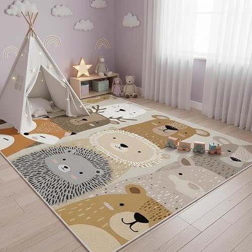Cute Woodland Animal Rug for Kids Room - 5x7 ft Cartoon Bear Fox Lion Hedgehog Print Area Rug, Soft Non-Slip Floor Mat for Living Room, Nursery, Bedroom - Beige Brown Grey Animal Pattern Carpet