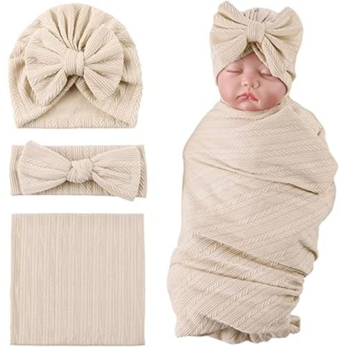 OMUKY Newborn Receiving Blanket Bow Headband and Beanie Set Baby Swaddle Receiving Blankets Baby Boy Girls Nursery Swaddle Wrap(Khaki)