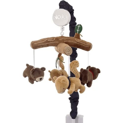 NoJo Into The Wilderness Brown, Tan and Navy, Logs, Bear and Beaver Plush Musical Mobile