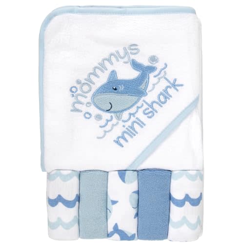 Baby Hooded Bath Towel and Washcloth Set for Infant Boys 6-12 Months (Mini Shark Blue)
