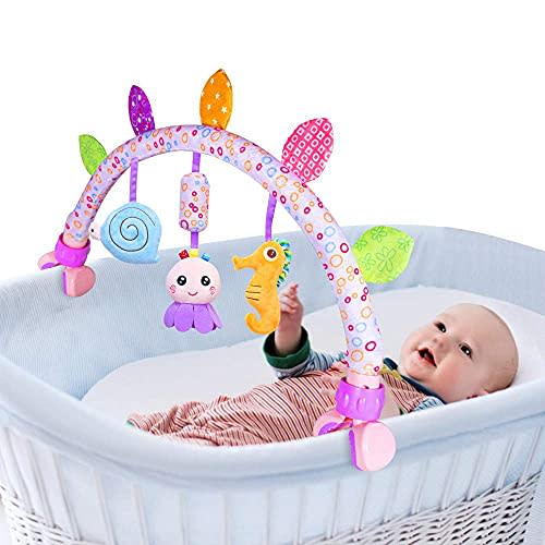 Caterbee Baby Bassinet Mobile Toys, Clip-On Stroller Arch Toy with Hanging Toys for Car Seat, Crib & Travel, Infant Activity Toy Bar, 0 Months+ (Purple)