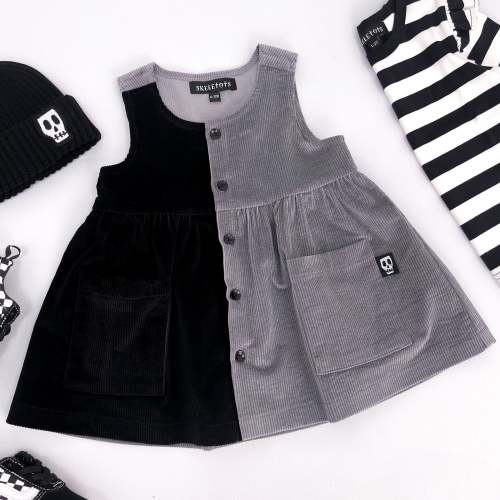 NOT SO BASIC HALF & HALF GREY/BLACK CORD PINAFORE SMOCK DRESS – Skeletots