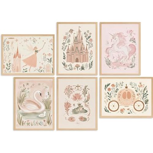 Beayum 6Pcs Pink Fairy Nursery Wall Art Princess Room Canvas Wall Decor Baby Girl Room Picture Whimsical Fairytale Poster Castle Swan Prints Flower Painting for Girls Bedroom Nursery 8x10 In Unframed