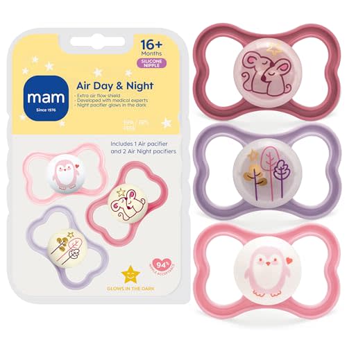 MAM Air Pacifier for Babies 16+ Months, Extra Air Flow for Sensitive Skin, Glows in The Dark, Developed with Medical Experts, BPA-Free Skin Soft Silicone, 3 Count, Made in Europe