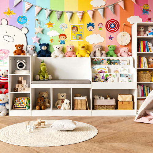 Lofka Kids Bookshelf with Reading Nook & Toy Storage - 3-Tier Bookshelf, 7 Cube Organizer, Double Seat & Anti-Tip Design - Perfect Children’s Bookcase & Playroom Furniture (White)